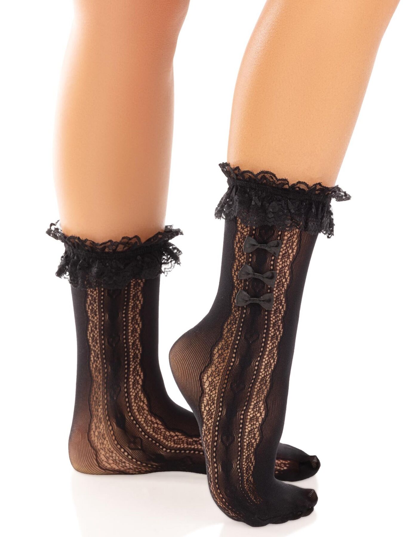 Шкарпетки ажурні Leg Avenue Mini Bow Lace Anklet, чорні, з рюшами, декор — бантики