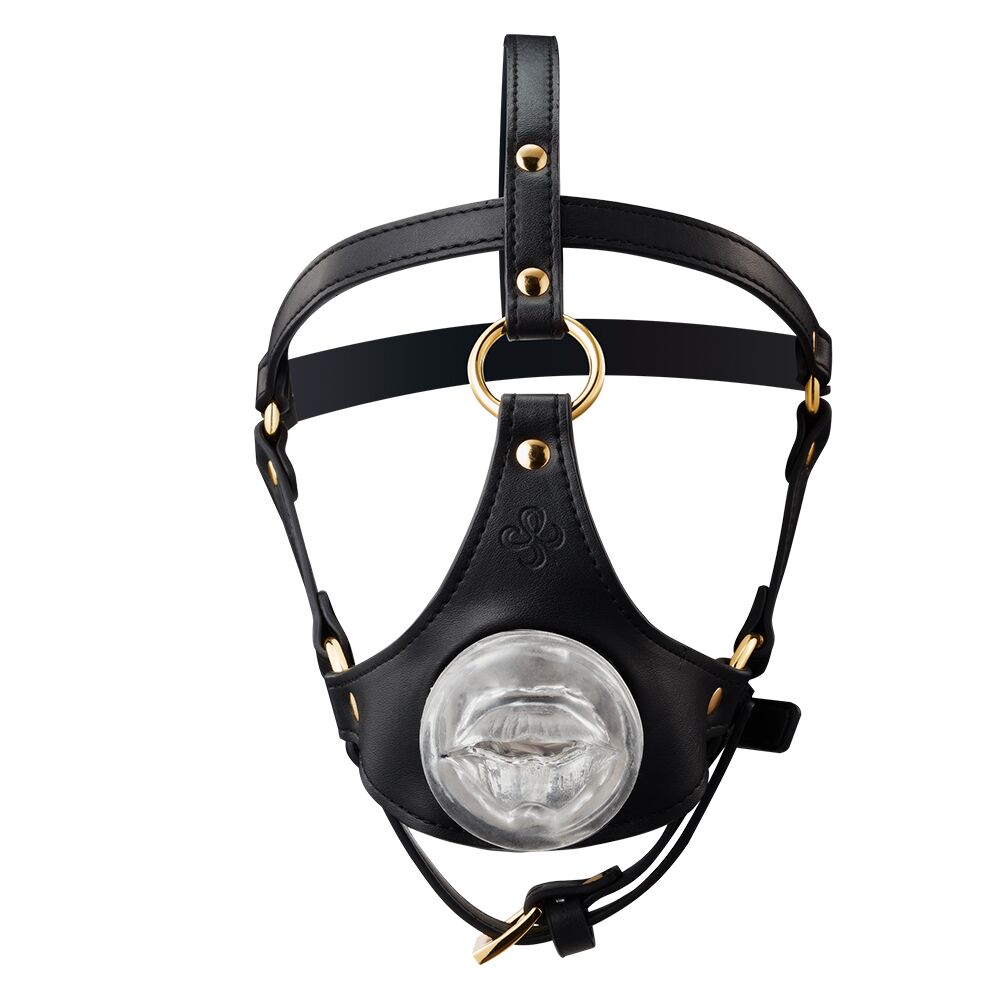 Маска-збруя для мінету LOCKINK SEVANDA Blowjob Head Harness, чорна, з м’якою вставкою у вигляді губ
