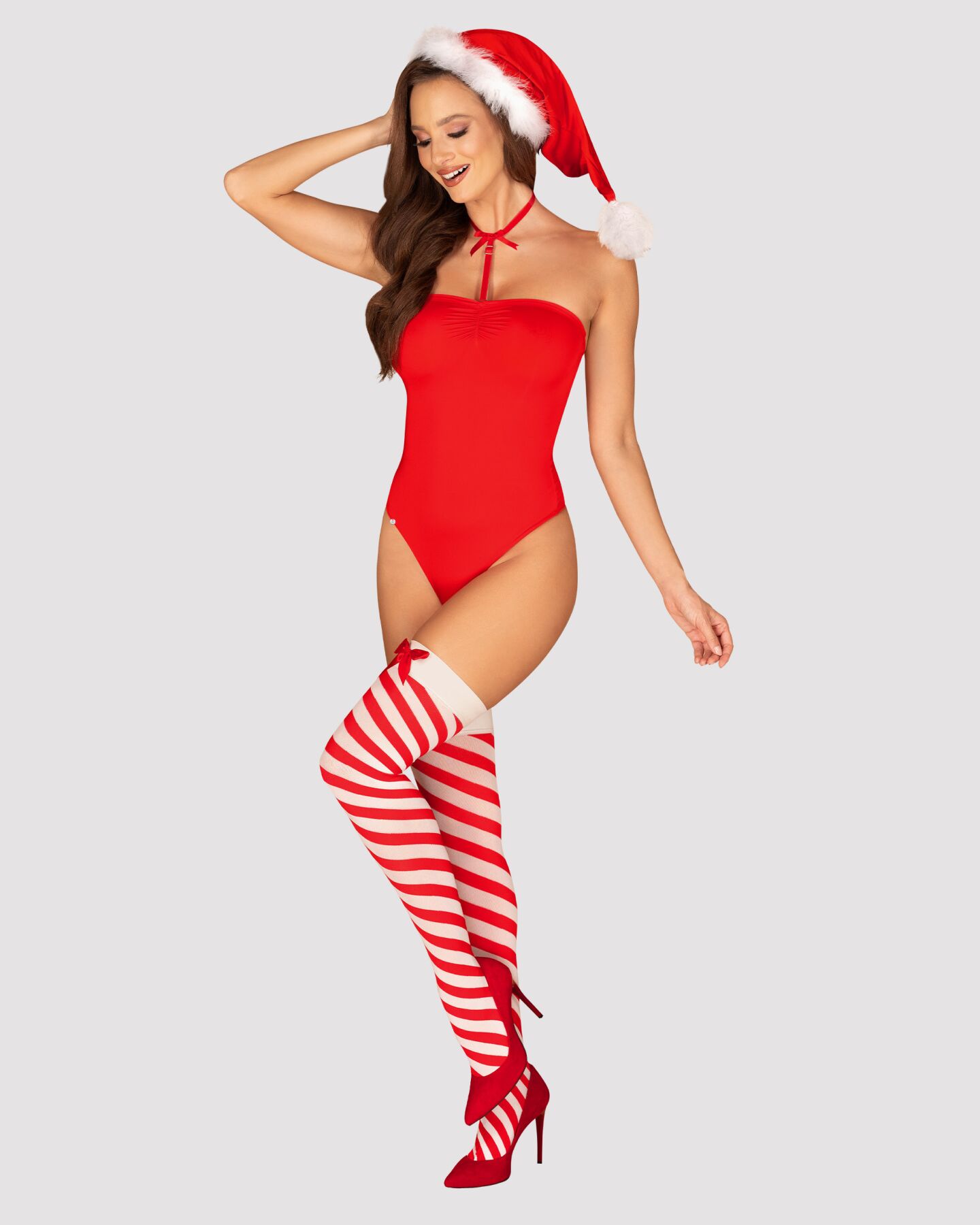 Тедді Obsessive Kissmas teddy, L/XL, червоне, без бретелей, чокер, панчохи та шапка з помпоном у наборі