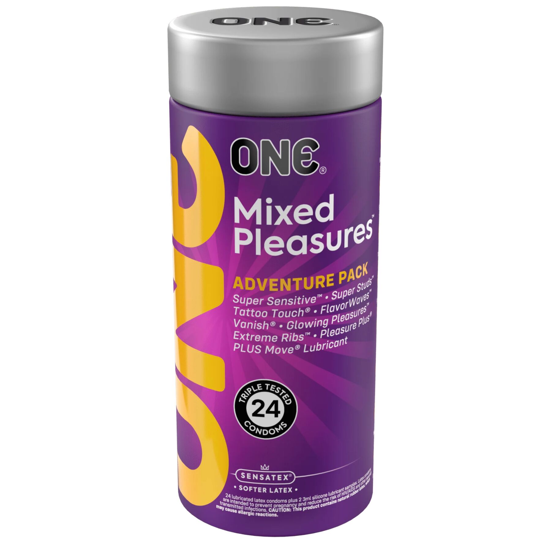 Презервативи ONE Mixed Pleasures, 24 шт, 8 видів, лубрикант у комплекті, подарункове паковання-тубус